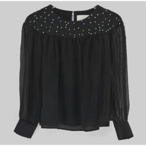 3.1 PHILLIP LIM black sheer long sleeve rhinestone embellished 100% silk top